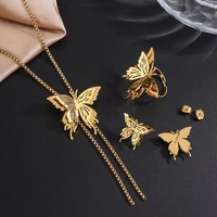 Ensemble de bijoux pour femmes Huibao, collier, boucles d'oreilles et bague en acier inoxydable plaqué or, papillon 3D, collier ajustable, bijoux tendance