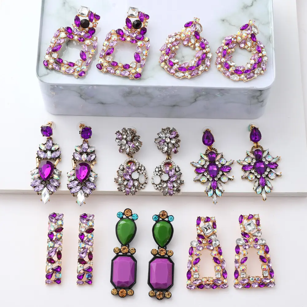 EH21326 Geometric Za Statement Exaggerate Purple Crystal Diamond Resin Drop Earrings For Women Trendy Jewelry Wholesale Bijoux