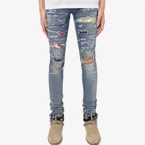 Customize Logo 6XL Men Colored Premium Distressed Denim Jeans Stretch Skinny Pants With Patches Men Fashion Trousers