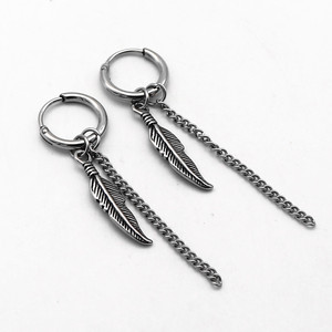 yunnique Tibetan <b>Silver</b> Feather <b>Drop</b> <b>Earrings</b> Titanium Steel Studs Round Hoop Long Chain Dangle <b>Earrings</b> For Couples Gift - Product Image 1