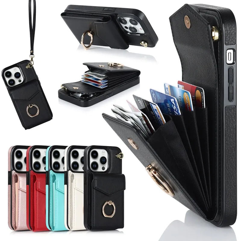 manufacturer premium 13 pro max pu leather wallet cover for apple iphone 14 pro max leather case with lanyard ring holder
