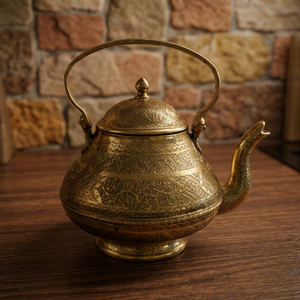 กาน้ำชาโลหะแบบตะวันออกพร้อมฝาปิดและด้ามจับโลหะ ลายตกแต่งสวยงาม - Product Image 2