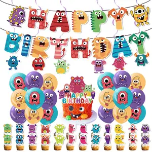 LUCKY Flag Pull Latex Balloon Cake Insert Card Party Decoration Monster Cartoon Themed Party Decorate Monster Birthday Paper