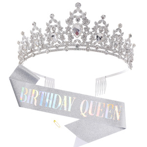 Cumpleaños reina faja Rhinestone Tiara Set diadema plata para mujer cumpleaños decoración niña brillo cristal accesorios para el cabello - Product Image 3