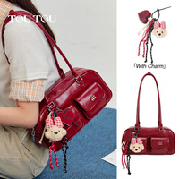 Sac bowling Y2K en cuir PU pour femme Toutou, style rétro Boston, grande capacité, sac à bandoulière sous le bras, deux sangles, fermeture éclair, motif lettre coréen