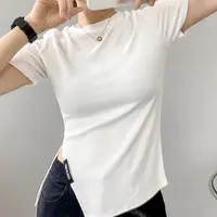 새로운 100% 코튼 불규칙한 비스듬한 사이드 스플릿 화이트 tshirt 여성 여성 티셔츠 풀오버 반팔 크루 넥 슬림 티 탑