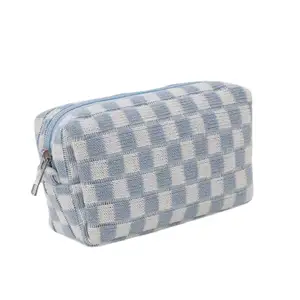wholesale girls checked plaid knitted cute makeup cosmetic fabric pouch bag for women travel toiletry oem