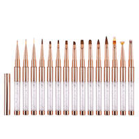 Lot de 15 pinceaux à ongles de luxe à pointe fine pour artiste, manche en plastique, pour manucure, gel acrylique, ovale serti, commande en gros OEM