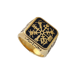 Anillo de hombre nórdico vikingo chapado en oro rosa de acero inoxidable con brújula, runa noruega, árbol de la vida y lobo, joyería al por mayor MRD011 - Product Image 1