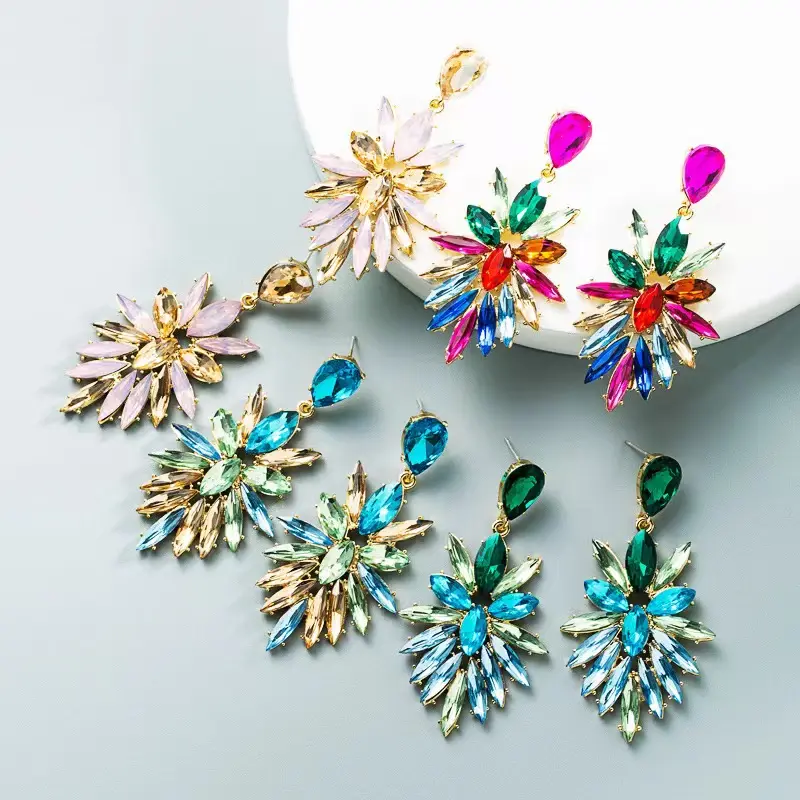 Kaimei fashion jewelry 2024 Fashion color series alloy diamond-studded rhinestone flower earrings full earrings