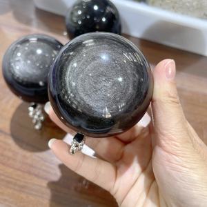 热销雕刻天然银光黑曜石球疗愈水晶风水球家居装饰 - Product Image 2