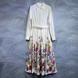100%Cotton Long Dress 2024 Spring Designer Fashion Dress Women Turn-down Collar Colorful Butterfly Prints Long Sleeve Dress Maxi