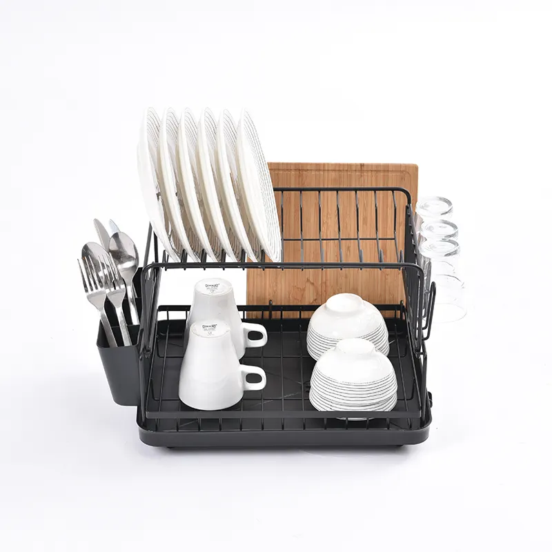 WIREKING Porte-assiettes empilables en métal à 2 couches Séchoirs à vaisselle avec égouttoir à vaisselle en plastique Porte-ustensiles