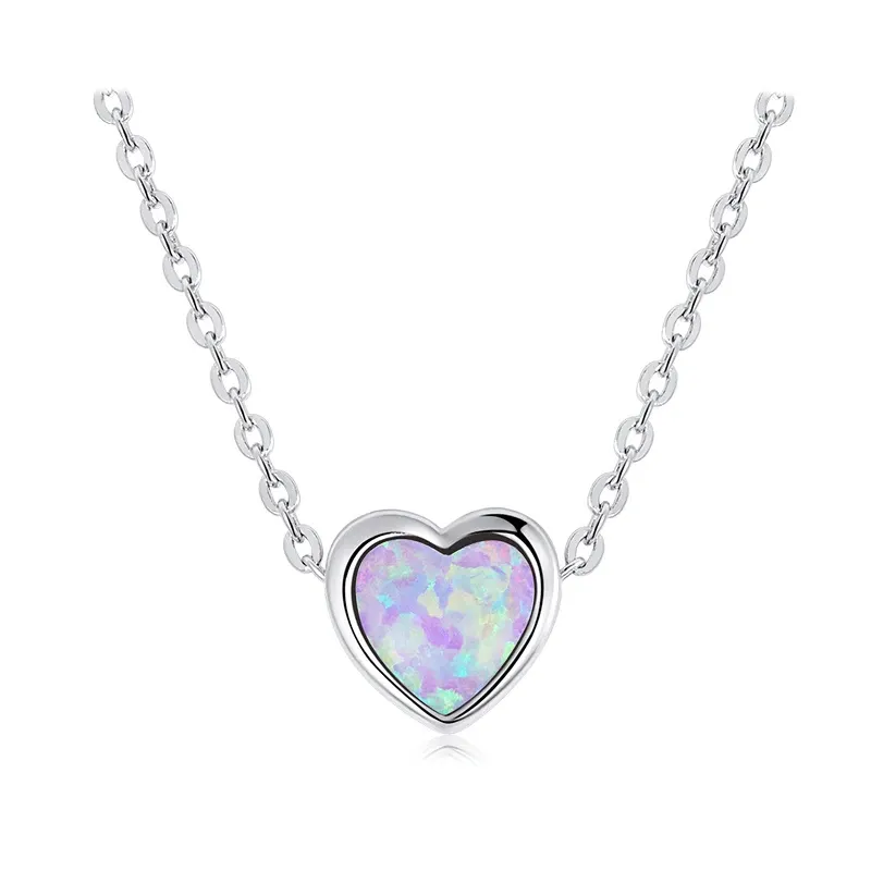 100% gerçek 925 ayar gümüş basit stil Shining Opal kalp kolye gerdanlık kolye kadınlar için takı hediye