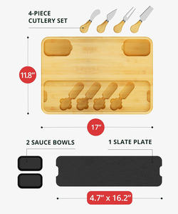 Ensemble cadeau de planche à fromage tendance 2026, planche à charcuterie en bambou extra large avec 2 bols à sauce, 4 couteaux, plateau en ardoise - Product Image 3