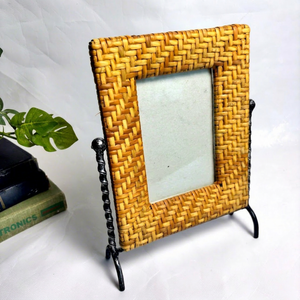 Premium Handmade Wicker <b>Picture</b> <b>Frame</b> Rustic Rattan Photo <b>Frame</b> With Metal Stand Wooden Border Decorative Home Accent - Product Image 1