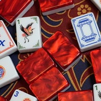 Set Mahjong Akrilik Gaya Cina Merah Berpola Putar 160 Ubin Motif Bangau Vas Bunga Standar AS Permainan Mahjong Hadiah