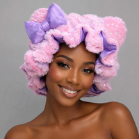 Bonnet de nuit en peluche à oreilles d'animaux mignonnes avec paillettes, grand diamètre 35 cm, doux et chaud pour l'hiver, doublé en satin pour cheveux naturels