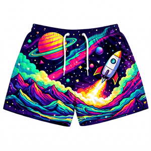 Men's Psychedelic Space Print Mid <b>Elastic</b> Waist Knitted Heat-Transfer Printed Polyester/Cotton Letter Pattern Quick Dry Casual - Product Image 1