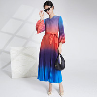 Robe plissée ceinture ample taille femmes européennes et américaines mode Style décontracté femmes dégradé rouge bleu couleur robe imprimée