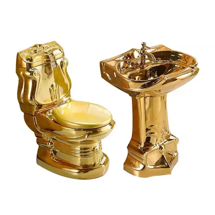 Conjunto de vaso sanitário de cerâmica Royal de luxo de duas peças dourado puro para banheiro SIMILAR