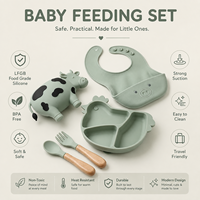Ensemble repas bébé en silicone OEM pour animaux de ferme, sans BPA, avec bol vache, assiette poulet, bavoir cochon, cuillère et fourchette, qualité alimentaire pour l'alimentation des tout-petits