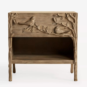 American Country-style Solid Wood Carved Bird Branch Nightstand, Vintage Distressed Single Drawer Open Storage <strong>Bedside</strong> <strong>Table</strong> - Product Image 1