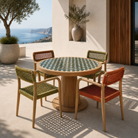 Ensemble de salle à manger moderne et confortable en teck pour l'extérieur, 4/6 places, table et chaises de patio/jardin avec sièges en corde tressée pour cour et appartement