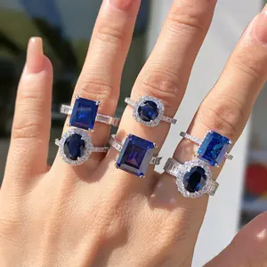 Anillo azul de plata de ley S925 de alta calidad, banda de eternidad a la moda, anillos de Zirconia cúbica 5A, joyería para mujer, anillo de boda de compromiso