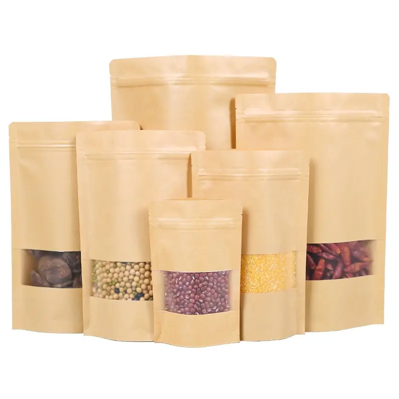 Sacos de papel embalagem com zíper marrom, sacola reutilizável para café, material de embalagem para alimentos