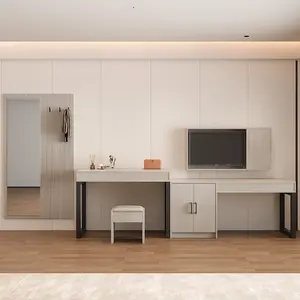 Ensemble <span class=keywords><strong>de</strong></span> meubles <span class=keywords><strong>de</strong></span> chambre à coucher d'hôtel en bois <span class=keywords><strong>de</strong></span> chêne moderne personnalisé, table TV, armoire à bagages, porte-vêtements, lit queen-size pour appartements - Product Image 2