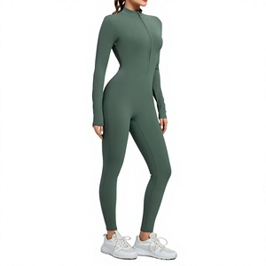 Women's High Waist Long Sleeve Knitted Jumpsuit With Zipper Front Tummy <b>Control</b> <b>Bodysuit</b> Solid Color Sexy Club Wear Full Length - Product Image 4