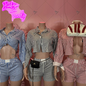 Модный женский комплект в полоску: топ с длинным рукавом и шорты, летний набор из двух предметов 2026 - Product Image 2