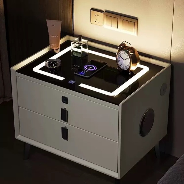 Modern Luxury Smart Bedside Table With Wireless Charging Bluetooth Speaker Fingerprint Lock LED Light Bedroom Nightstand