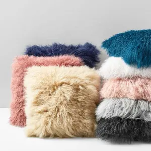 XJ vente en gros 100% vraie fourrure d'agneau mongole coussin long bouclé vraie fourrure d'agneau 16 pouces coussin de canapé