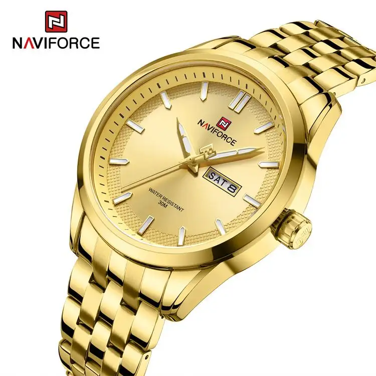 NAVIFORCE 9203 Simple Stainless Steel Chain Wristwatches with Day Date Calendar Japan Movement Casual Men Watch