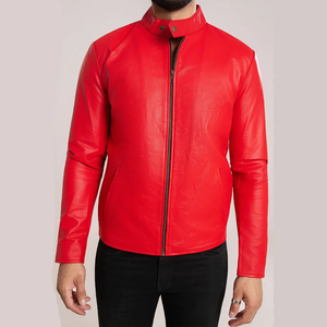 Men Winter Warm <b>Cafe</b> <b>Racer</b> Leather <b>Jacket</b> with Stand Collar Genuine Leather Shell Cotton Lining - Product Image 4