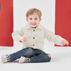 Veste en velours côtelé pour bébé garçon, manteau d'hiver en polaire pour tout-petit, vêtement chaud imprimé teint en pièce avec doublure Sherpa et boutons pour enfant - Product Image 3