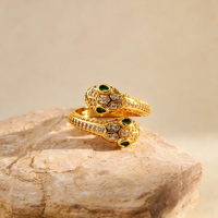Bague ouverte en cuivre plaqué or 18 carats avec double tête de serpent, zircon pavé, yeux verts, style vintage de luxe, pour femme