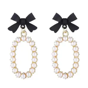 2021 New Arrival Trend Black Bow Knot Dangle Earrings Korean Pearl Oval Geometric Drop Earring for Women Female Ear Clip Jewelry