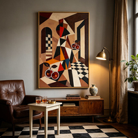 Peinture murale abstraite cubiste peinte à la main sur toile, nature morte géométrique, cerises à carreaux, peinture vintage pour salon et café