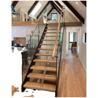 Meilleure vente : Escalier droit préfabriqué en bois massif au design moderne pour intérieur, avec rampe en verre, idéal pour villa