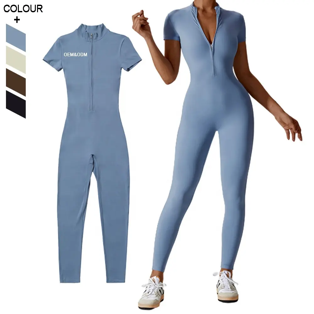 Ropa de entrenamiento Activewear Gimnasio One Piece Yoga Romper Cremallera Manga corta Fitness Jumpsuit para mujer