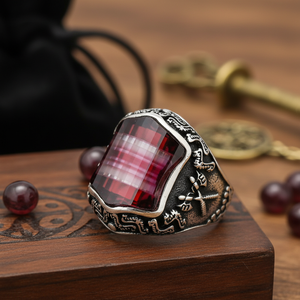 Ottoman Figures Design Rectangle Shape Garnet Gemstone Authentic <b>Men</b> <b>Ring</b> Turkish Wholesale Handmade 925 Sterling <b>Silver</b> for <b>Men</b> - Product Image 3