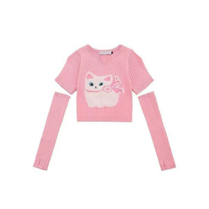 เสื้อสเวตเตอร์ถักแขนสั้นลายลูกแมวสำหรับเด็กผู้หญิง สีชมพูและสีดำ ดีไซน์ต่อผ้าแบบนุ่ม ทรงเข้ารูปสำหรับเด็ก - Product Image 2