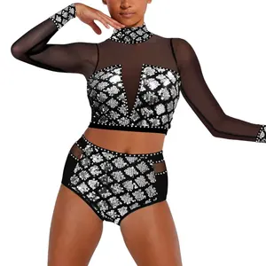 MiDee 2 Piece Set Jazz Dance Wear Girl Shiny Sliver Sequin with Crystal Diamond Hip-hop Outfit Modern Ballet Dance Stage Costume