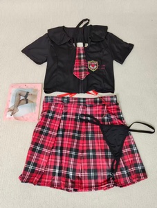 黑色渔网长筒袜和女学生内衣套装红色格子制服情趣角色扮演服装 - Product Image 6
