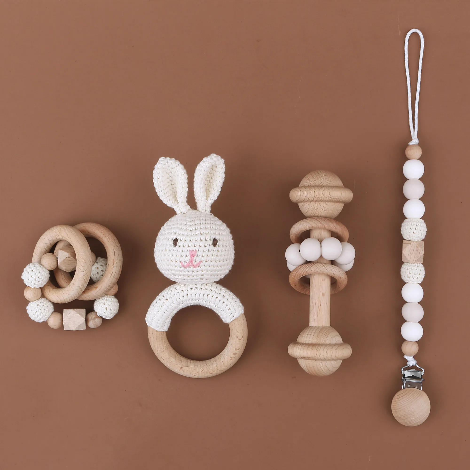 4 шт./комплект, детские деревянные погремушки-кролики из хлопка и силикона