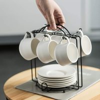 Ensemble de 6 tasses à espresso blanches de 4 oz avec soucoupes et support en métal pour cappuccino, café et thé