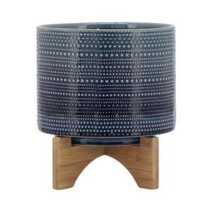 Pot de fleurs décoratif en grès cylindrique à pois avec support en bambou pour plantes d'intérieur et d'extérieur - Product Image 1